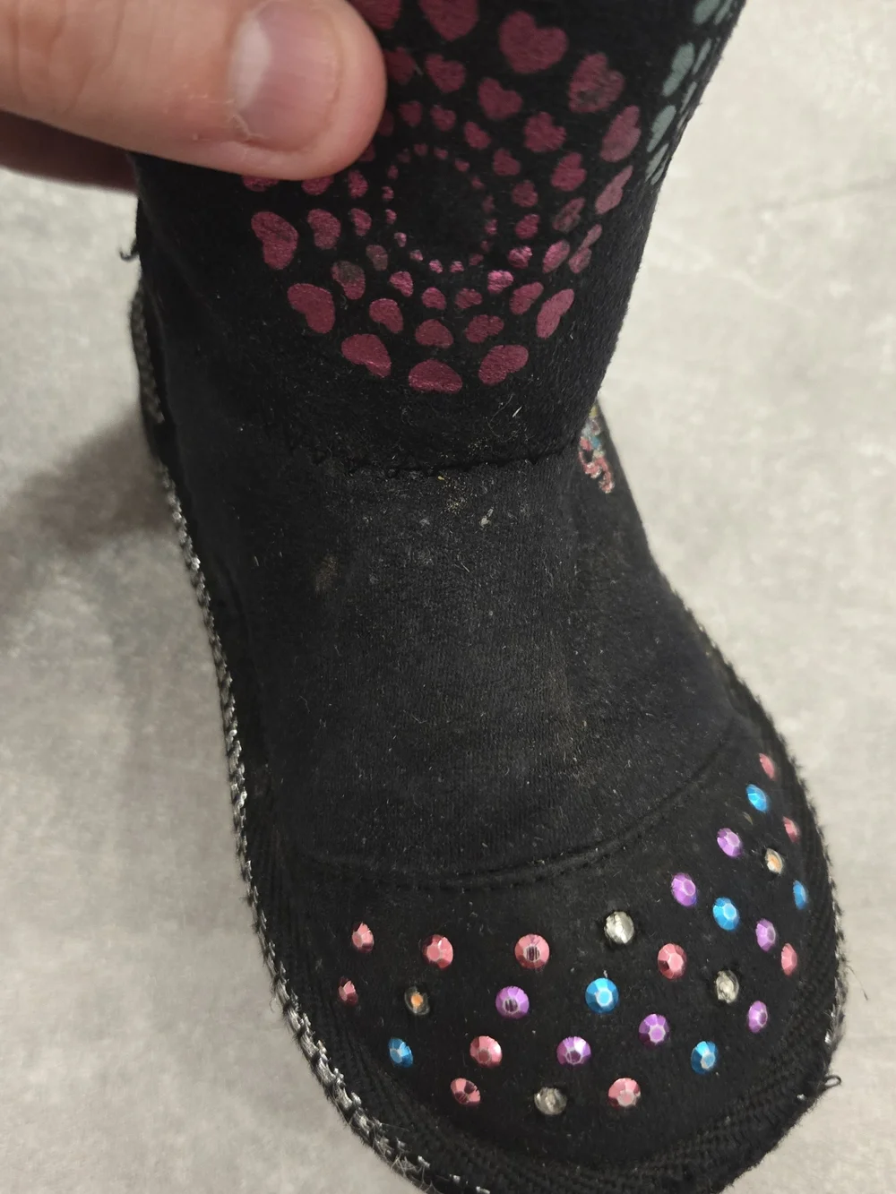 Kids Black Winter Boots with Multicolor Heart & Dot Accents